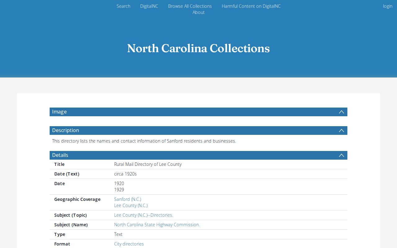 Sanford people directories DigitalNC Lee County rural mail directory