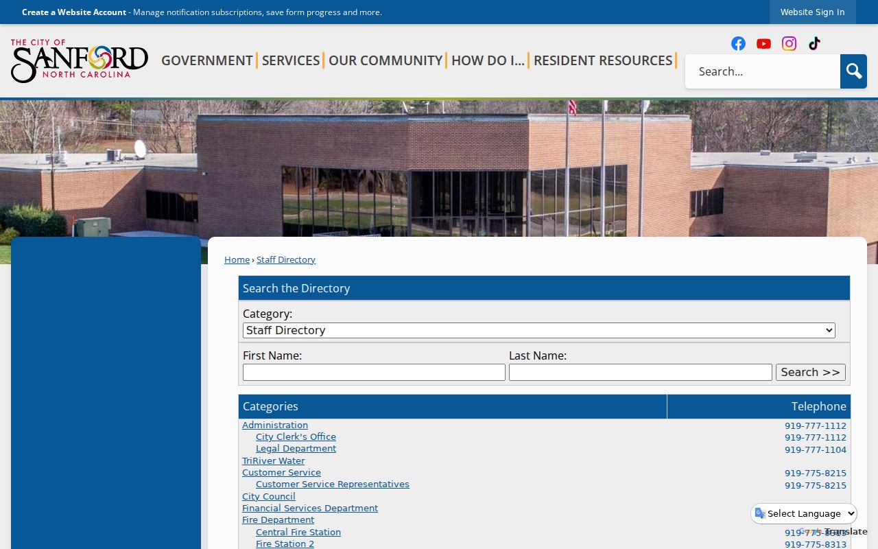 Sanford people directories city staff search and category menu