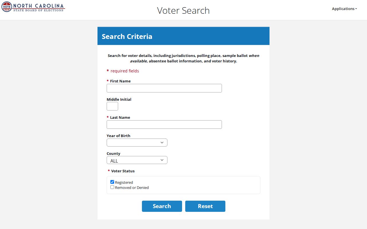 Sanford voter registration search form from North Carolina